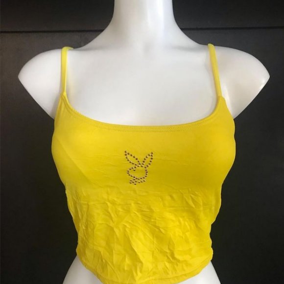 playboy yellow studded bunny logo crop tankini swim top - Picture 2 of 6